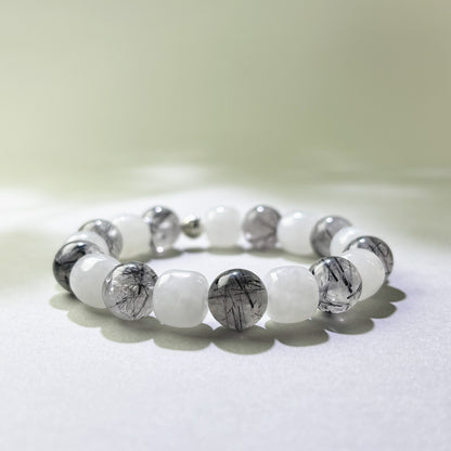 White Hetian Jade and Black Rutilated Quartz crystal bracelet for absorbing other people’s emotions