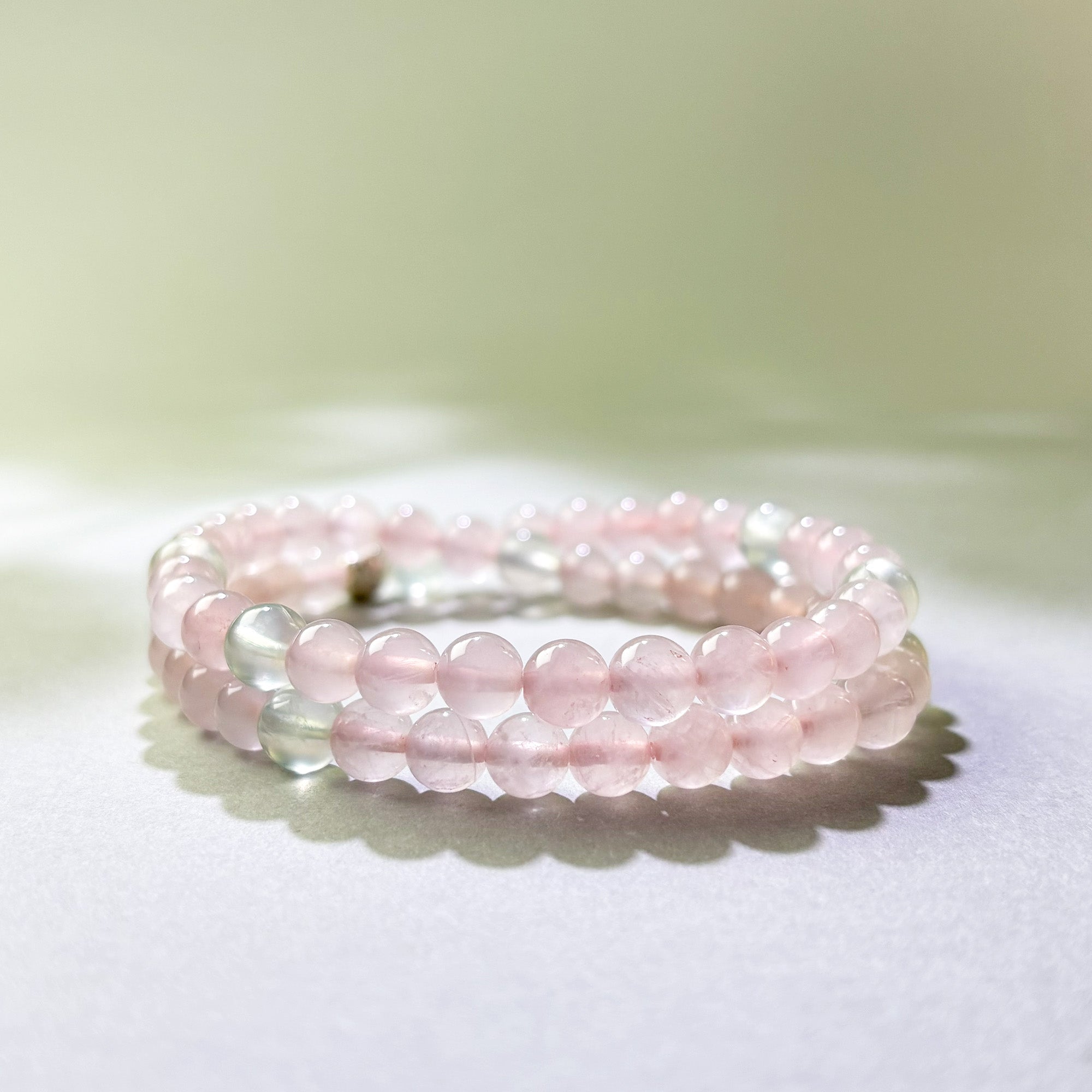 Rose Quartz and Prehnite crystal bracelet for closed off feelings and no new connections