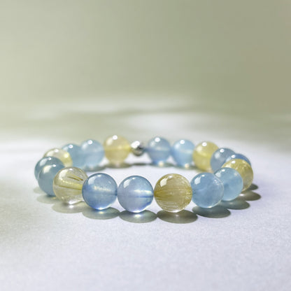 Aquamarine and Golden Rutilated Quartz crystal bracelet for speaking with confidence