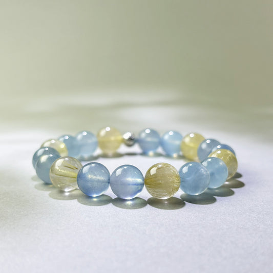 Aquamarine and Golden Rutilated Quartz crystal bracelet for speaking with confidence