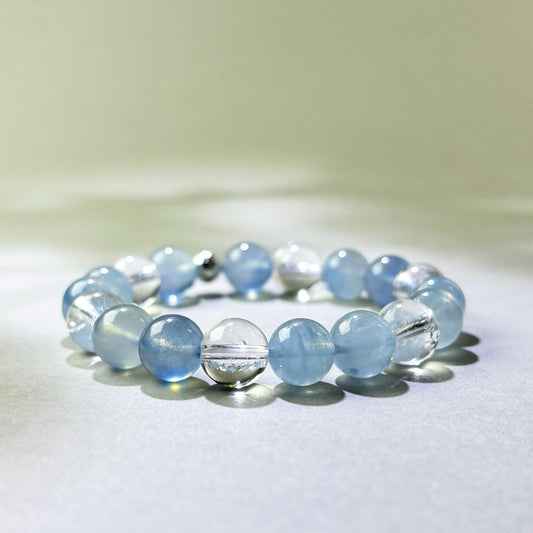 Aquamarine and Himalayan Clear Quartz crystal bracelet for clear explanations