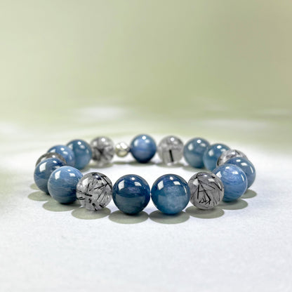 Blue Kyanite and Black Rutilated Quartz crystal bracelet for speaking up and holding your position under pressure