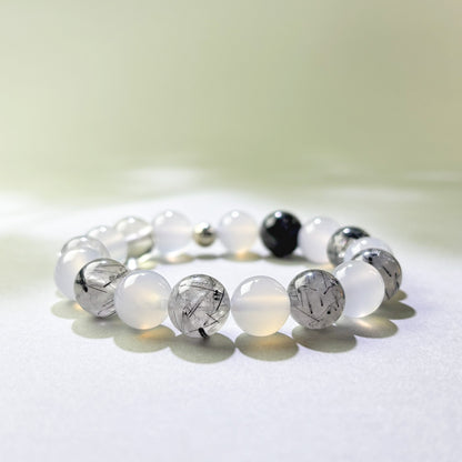 White Agate and Black Rutilated Quartz crystal bracelet for replaying conversations after they end