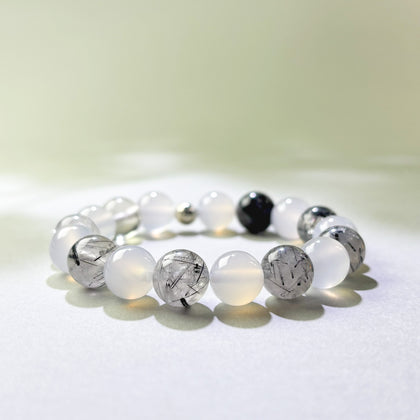 White Agate and Black Rutilated Quartz crystal bracelet for replaying conversations after they end