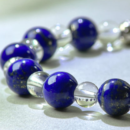 Close-up of Lapis Lazuli and Clear Quartz beads in a crystal bracelet for mental clarity