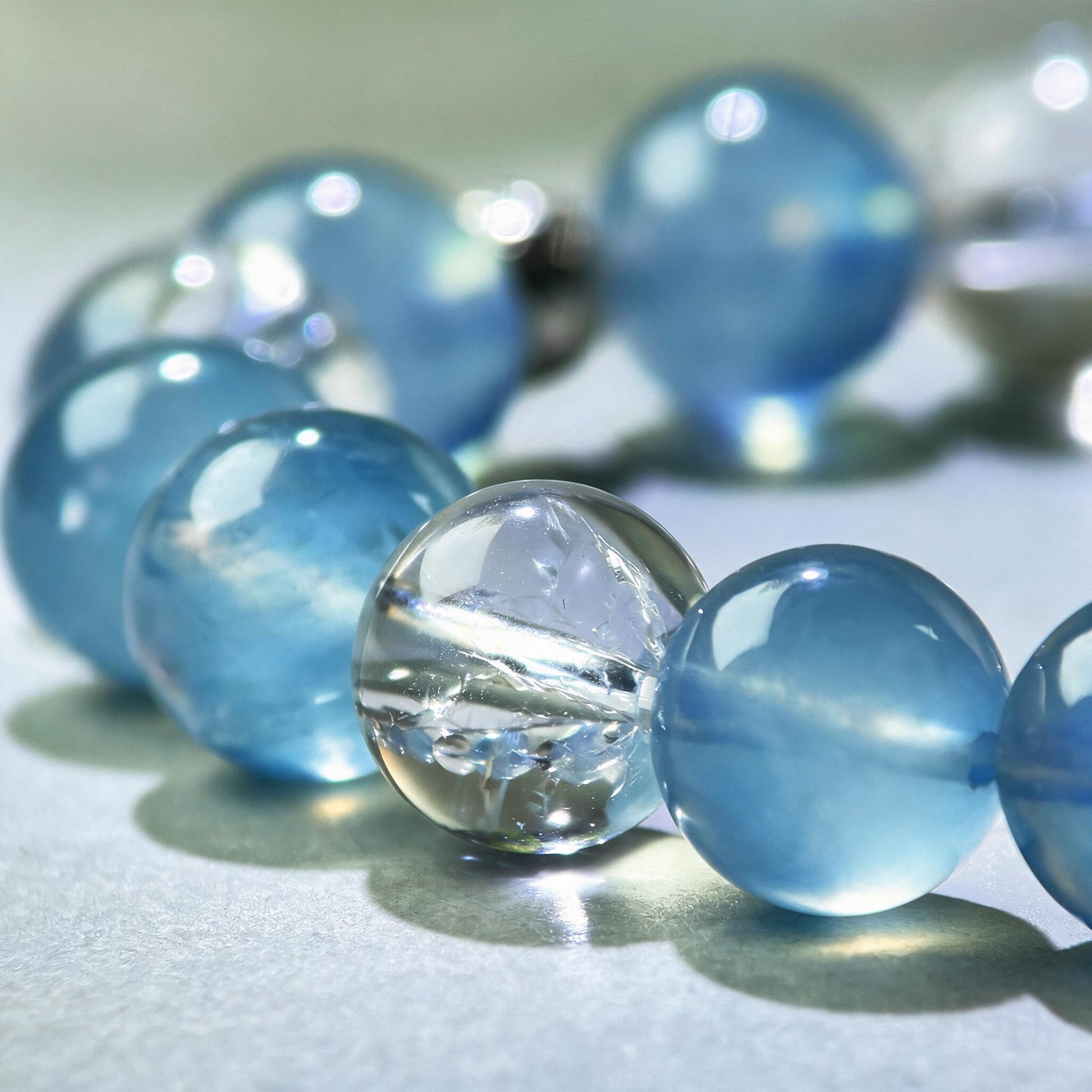 Close-up of Aquamarine and Himalayan Clear Quartz beads in a crystal bracelet for focused communication and organized explanations