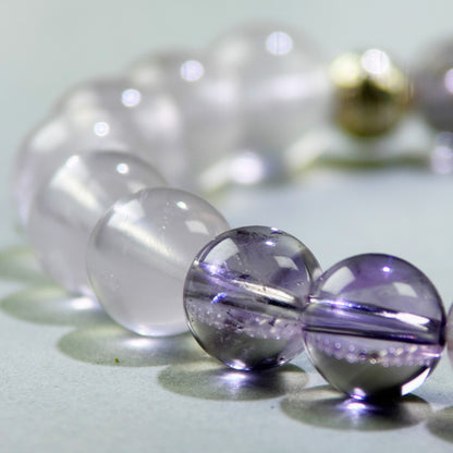 Close-up of Rose Quartz and Amethyst beads in a crystal bracelet for calm and emotional reconnection after conflict