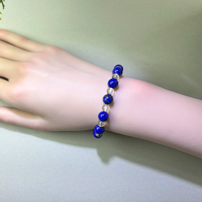 Lapis Lazuli and Clear Quartz bracelet worn on wrist for structured thinking and clear expression