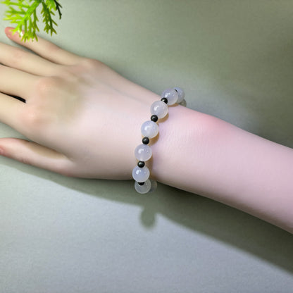 White Agate and Pyrite bracelet worn on wrist for feeling more steady in stressful situations