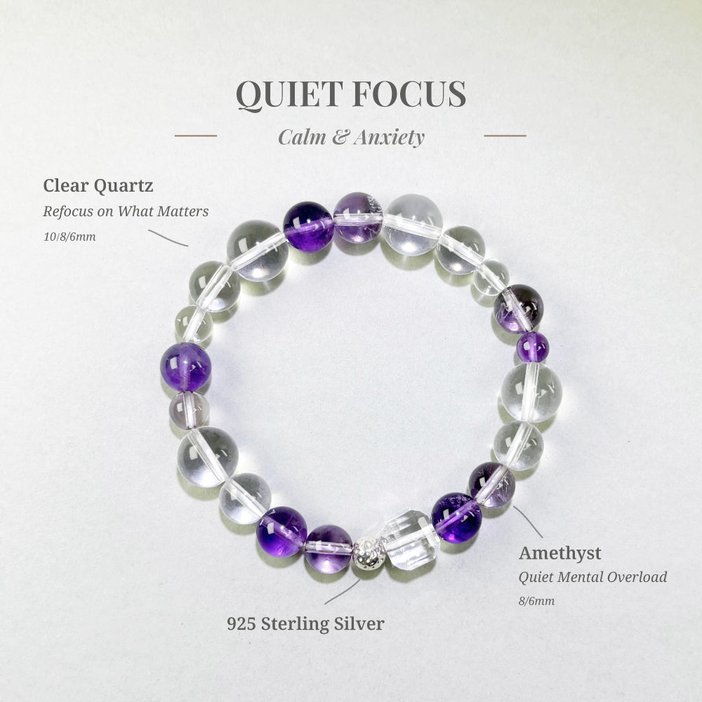 Quiet Focus bracelet with Amethyst and Clear Quartz for mental overload and post-meeting focus