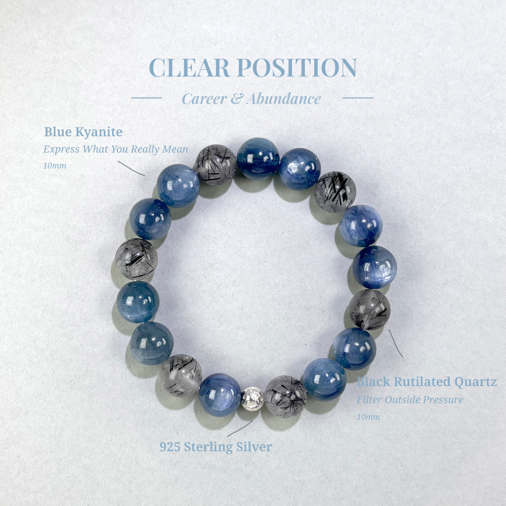 Clear Position bracelet with Blue Kyanite and Black Rutilated Quartz for backing down around forceful people