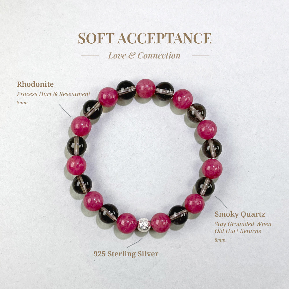 Soft Acceptance bracelet with Rhodonite and Smoky Quartz for past relationship hurt and resentment